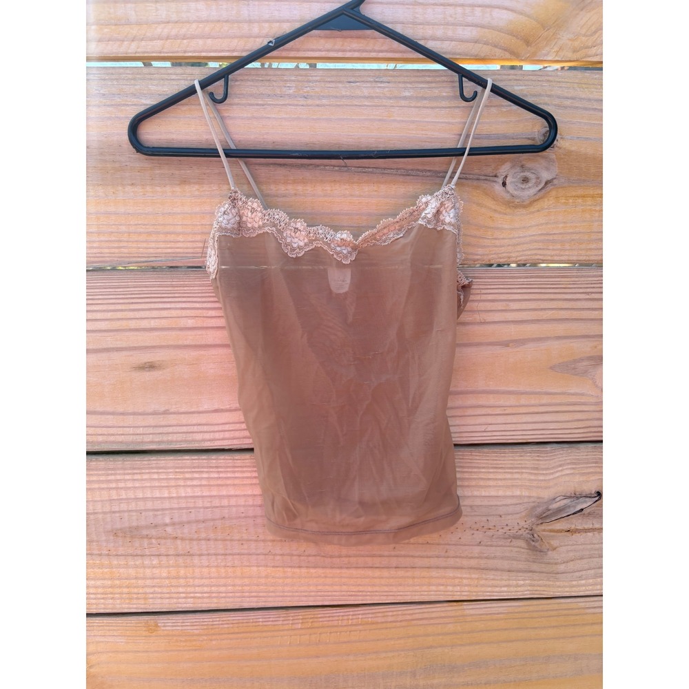 Calvin Klein Sheer Mesh Lace Trim Camisole Nude Tan Small Sleeveless Slim Fit - Picture 1 of 7